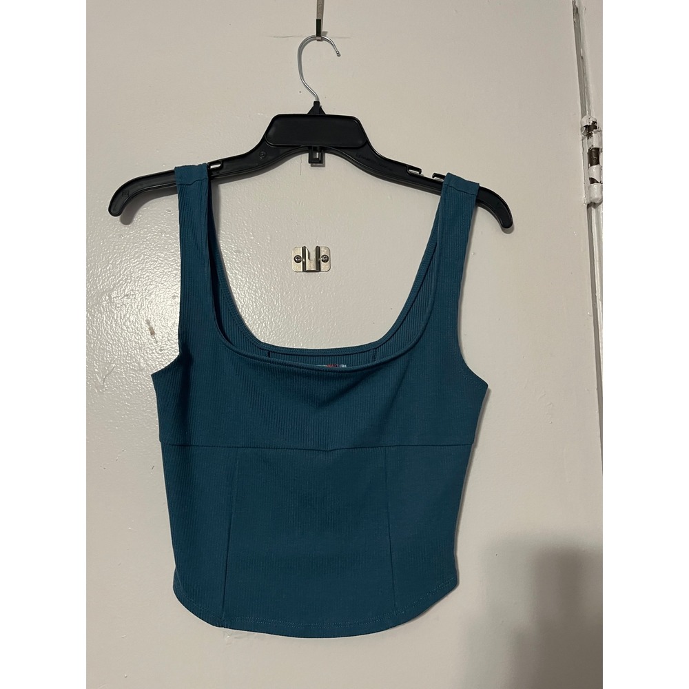 Urban Outfitters Teal‎ Blue Ribbed Corset Seam Square Neck Tank Top Small